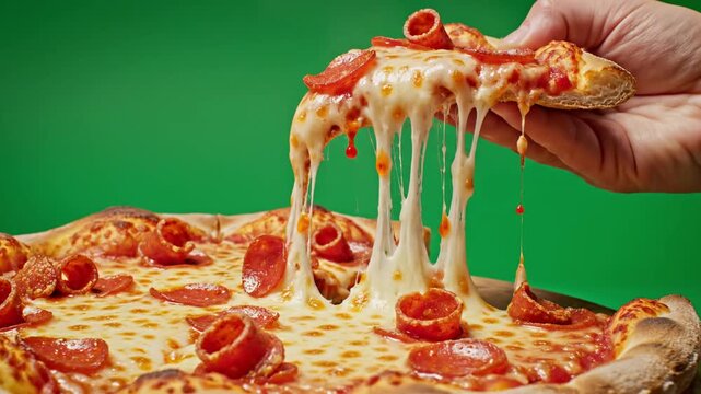 Hand lifting hot pepperoni pizza slice with extreme melted cheese stretch on green screen chroma key background