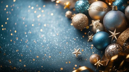 Top view of gold and blue Christmas decorations forming frame, excellent template for postcards, website headers and newsletters