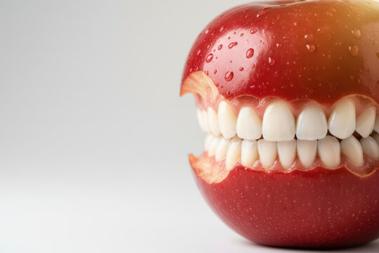 A red apple with human teeth biting into it