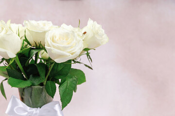 Elegant white roses arranged in glass vase on pastel background with empty space
