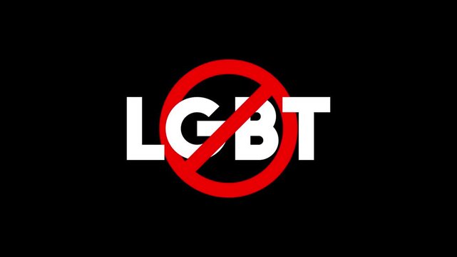 Horizontal 4K video. Loop animation. Red prohibition sign with text LGBT on black. Rainbow flag. Concept of human rights violation, ban of LGBT propaganda, gay pride, same-sex love, cancel, homophobia