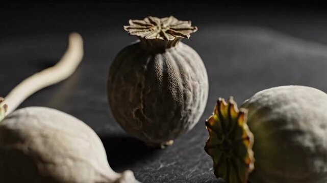 Dried poppy seed heads resting on a dark textured surface in dramatic low key lighting