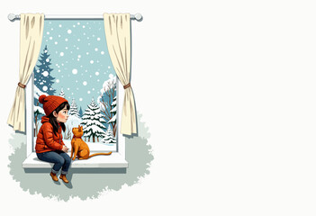 Young Girl and Cat Sitting by a Window Watching Snowfall in Serene Winter Landscape with Snowy Trees