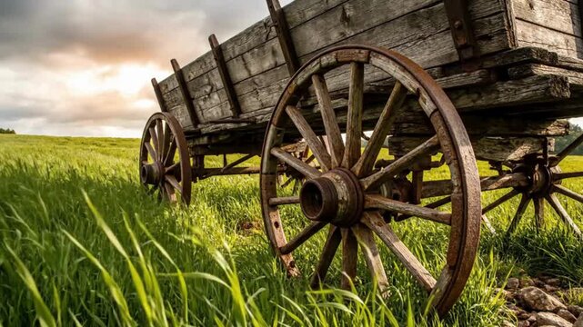 Rustic wooden farm wagon with large spoked wheels resting in a vibrant green field at sunset
