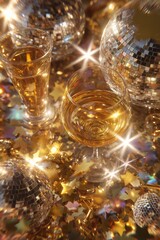 Glamorous New Year background with golden cocktails and sparkling star confetti creating luxurious festive bokeh lights.