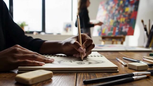 Close up of artist hands sketching a portrait in a sketchbook during an art class session