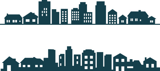 Modern city skyline and residential house silhouettes set, urban architecture, skyscraper buildings, town, city life, simple graphic design, and neighborhood vector illustration. © Shihab Creative