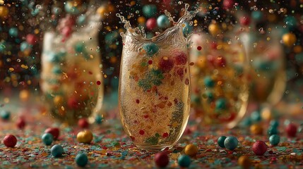 Elegant coupe glass overflowing with bubbly and multicolored decorations, playful festive drink for party invitations and social media posts