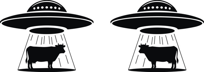 Black silhouette of UFO abducting cow with bright light beam, alien spaceship, flying saucer, cattle, farm animal, science fiction, and space vector illustration. © Shihab Creative