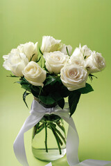 Minimal white rose bouquet in glass vase on green background with copy space