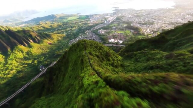 High-speed FPV drone flight down a steep Hawaiian moutain ridge.