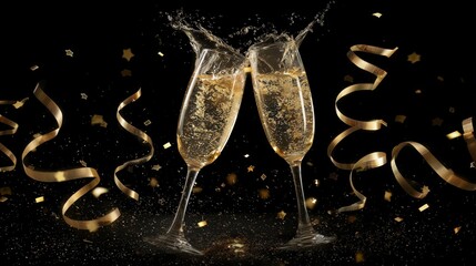Chic black background with glittering martini glasses and golden decorations, sophisticated celebration concept for upscale events and nightlife.