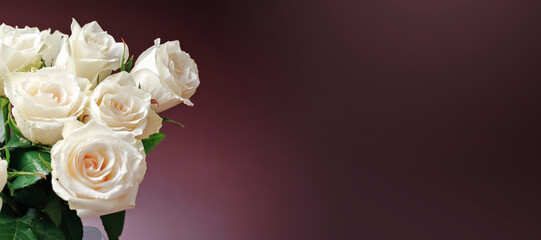 Close up of white roses bouquet with soft light and copy space on burgundy background