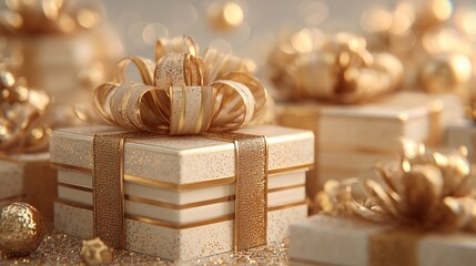 Elegant white gift boxes with gold ribbons arranged in minimalist flat lay, perfect for luxury branding, premium packaging and sophisticated holiday designs.