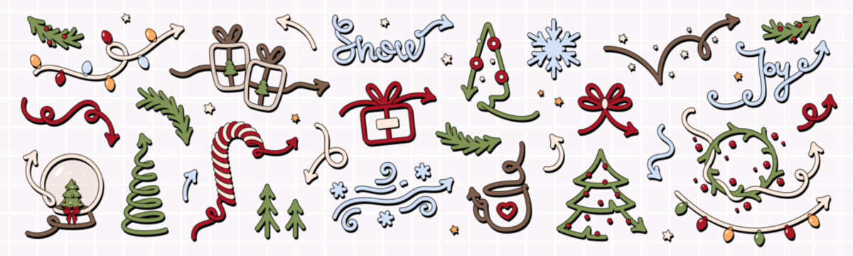 Cute, unusual and colorful set of Christmas and winter vector arrows in cartoon groovy style. Curvy, shaped and wavy design elements.