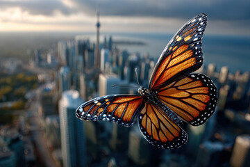 Naklejka premium Butterfly gracefully flies over a city skyline during late afternoon in Toronto