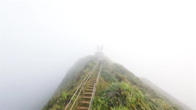 FPV drone flight up the fogy Haiku Stairs in Hawaii.