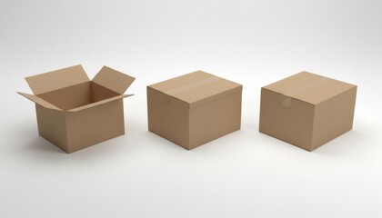 Fototapeta premium Three cardboard boxes one open arranged on a plain white surface