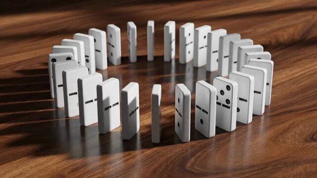 White domino tiles arranged in a circle on a wooden surface begin to fall over