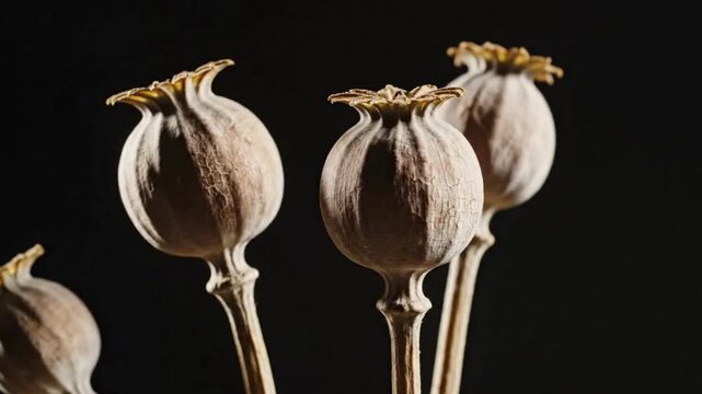 Dried opium poppy seed heads stand tall against a dramatic dark background in a studio still life