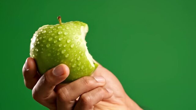 Male hand holding fresh bitten green apple with water drops on green screen background