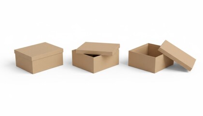 Fototapeta premium Three cardboard boxes in various states of being open displayed on a white surface