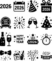 New Year 2026 icon set of 16 solid vector symbols for celebration, fireworks, calendar, party countdown and winter holiday elements on white