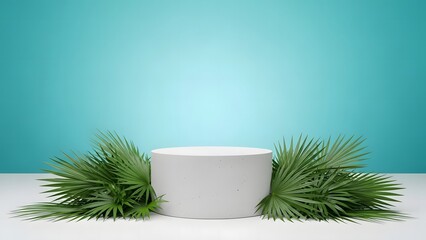 A white cylindrical object surrounded by pine branches on a teal background