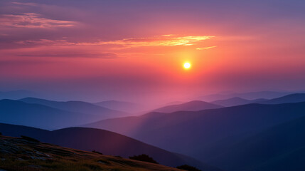 Obraz premium Sunset over layered mountain ranges with orange-pink sky and hazy atmospheric silhouettes, landscape photography at dusk, peaceful wilderness vista, defocused distant peaks, with c