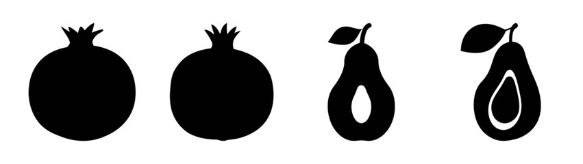 Fototapeta premium A row of four minimalist black fruit silhouettes including pomegranates and avocados on a white background