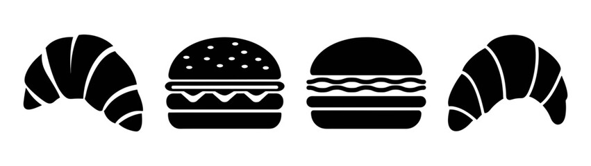 Black icons of fast food items including hamburgers and croissants against a white background.