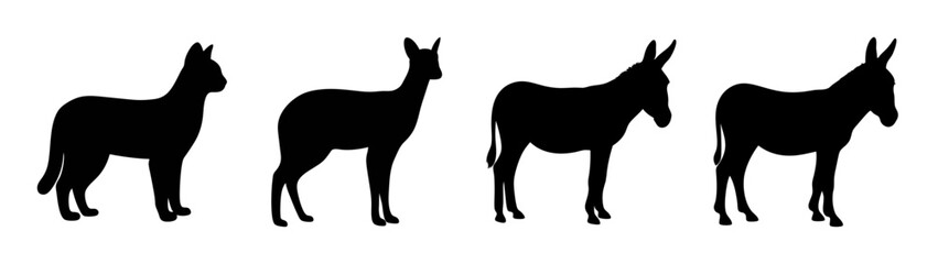 Black silhouettes of different animals including dog, deer, and donkeys on white background