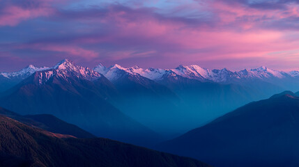 Snow-capped mountain peaks bathed in pink sunset light with blue hazy valleys receding into distance, alpine landscape, dramatic dusk scenery, defocused layered ridges, with copy s