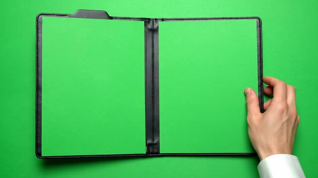 Top View of Male Hand Opening Black Leather Folder with Green Screen Pages