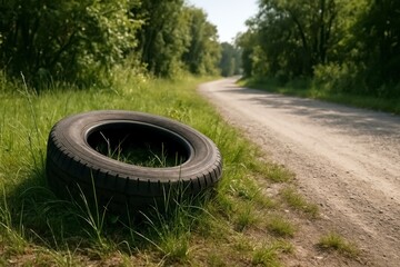 An abandoned black tire rests on the edge of a grassy dirt road, surrounded by lush greenery under bright sunlight.
