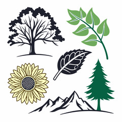 Fototapeta premium Nature element icons including trees, leaves, sunflower, and mountain silhouette set