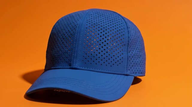 Blue cap rotation on vibrant orange background illustrating movement and detail