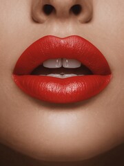 Close-up of woman's lips with bright red glossy lipstick. Sensual full lips, perfect white teeth, and smooth skin.
