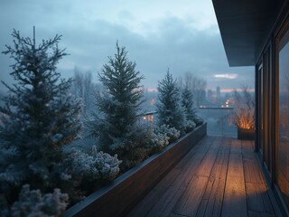 A modern apartment balcony features wood decking and frosted evergreen trees. The scene provides a tranquil winter atmosphere with city lights visible in the distance.