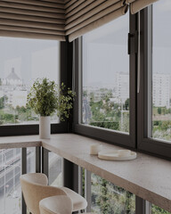 Bright kitchen corner with bar counter by large windows overlooking a city view and natural light.