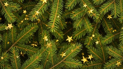 Dense dark green christmas tree branches decorated with glittering golden star ornaments creating a warm holiday background texture.