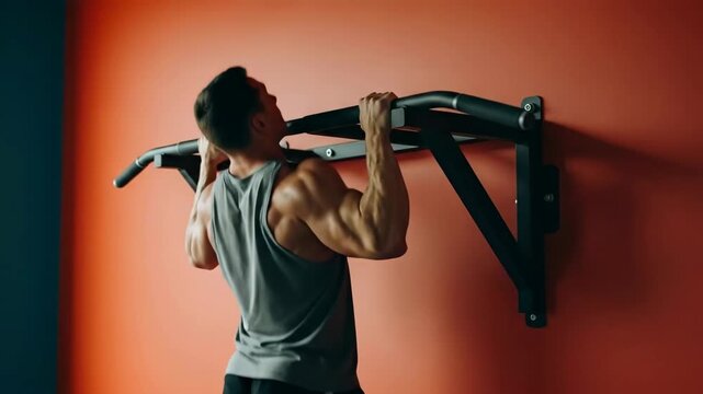 Athlete performing pullups on red wall mounted bar with dynamic motion progression
