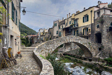 The charming Romanesque bridge of Zuccarello, a well preserved mediaeval village in Savona province, Liguria, Italy