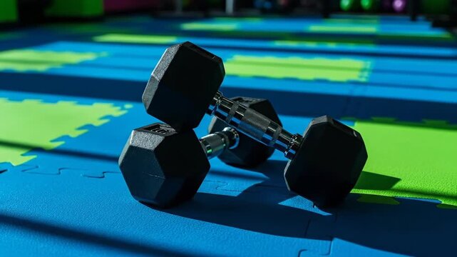 Dumbbells shifting in sunlit gym: dynamic shadows highlight exercise equipment