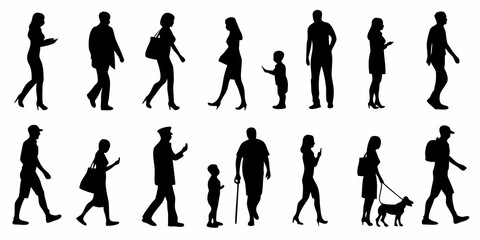 A collection of diverse black silhouette figures walking and interacting