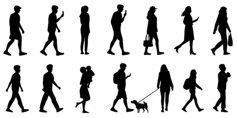 Diverse group of people walking silhouettes showing various activities and postures
