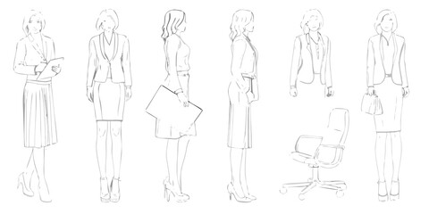 Fashion sketches of women in business attire and office chair design