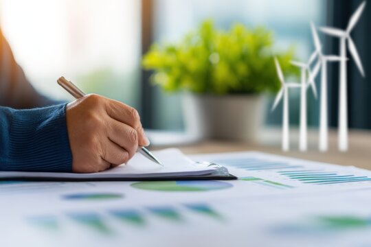 Hand writing notes on sustainability charts, miniature wind turbines and a blurred potted plant nearby at desk - Powered by Adobe