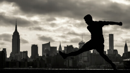 Obraz premium Soccer football player silhouette kicking the ball with the New York City skyline