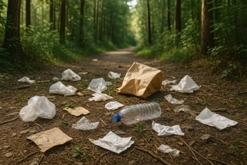 Littered forest path with crumpled paper and plastic waste highlighting environmental issues.